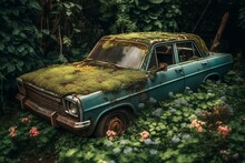 Lisse, Netherlands, May 2022. Old Car Overgrown With Plants And Flowers At The Keukenhof, Lisse. Generative AI