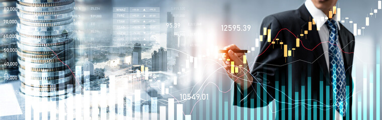 Businessman analyst working with digital finance business data graph showing technology of investment strategy for perceptive financial business decision. Digital economic analysis technology concept.