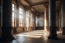 A Room With Columns And A Window In It With Sunlight Coming Through The Windows And Onto The Floor And Onto The Walls And Onto The Floor, And Onto The Floor, A Floor With A. Generative Ai