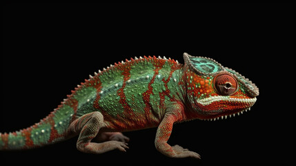 Sticker - a red-green chameleon looking at the camera from side angle on the black background