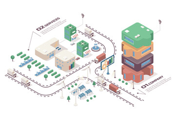Fototapete - Development company concept 3d isometric web infographic workflow process. Infrastructure map with office building, programming and project agency. Vector illustration in isometry graphic design