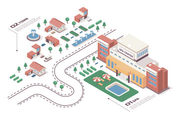 Aufkleber - SPA center concept 3d isometric web infographic workflow process. Infrastructure map with buildings for professional massage and skincare treatments. Vector illustration in isometry graphic design