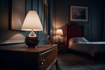 a lamp that is on a table in a room with a dresser and a bed in the background and a dresser with a lamp on it.  generative ai
