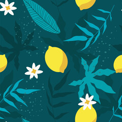 Wall Mural - vector seamless pattern with lemons and palm leaves. tropical pattern in a flat style. summer background