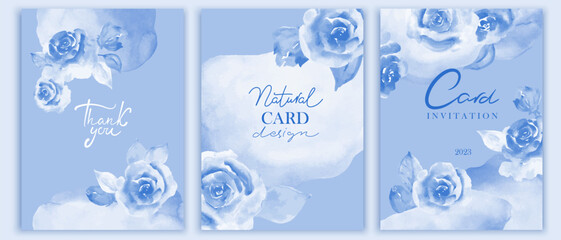 Wall Mural - Set of romantic wedding cards. Luxury abstract art botanical composition. Minimal design in blue and whide.