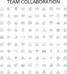  Team collaboration outline icons collection. Cooperation, Collaboration, Networking, Unify, Co-Ordinate, Syndication, Interact vector illustration set. Unionize, Aggregate, Cooperative linear signs