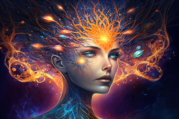 Wall Mural - Third eye chakra interconnected to the spiritual universe, source of love full of energy and gratitude. Concept of meditation and gratitude. Generative AI