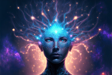 Wall Mural - Third eye chakra interconnected to the spiritual universe, source of love full of energy and gratitude. Concept of meditation and gratitude. Generative AI