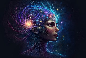Wall Mural - Third eye chakra interconnected to the spiritual universe, source of love full of energy and gratitude. Concept of meditation and gratitude. Generative AI