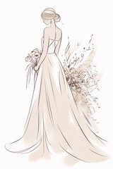 The bride in a beautiful light dress with a large modern wedding bouquet. Watercolor illustration. Generative AI technology.