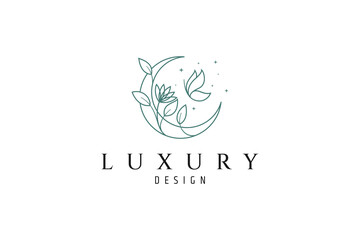 Wall Mural - elegant crescent moon logo with flower plant combination and flying butterfly in linear design style