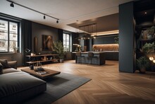 Luxury Studio Apartment With A Free Layout In A Loft Style In Dark Colors. Stylish Modern Room Area With Wooden Floor Parquet And 3d Panel Wall. 3d Render. Generative AI