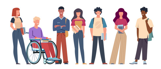 Group of multicultural students, disabled guy sitting in wheelchair. Young people in modern clothes standing. Teenagers in college or university cartoon flat illustration. Vector concept