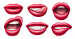 Realistic female lips. Gloss mouths with bright lipstick, 3d isolated body part, different expressions, tongue and white teeth, sticking out tongue, woman beauty red cosmetic utter vector set
