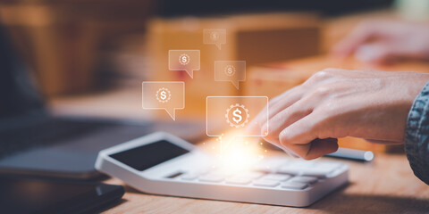 Fototapete - entrepreneurs use calculator to calculate documents, profit and loss statement review concept of company performance, effective tax deduction planning for individuals and companies paying tax rates.