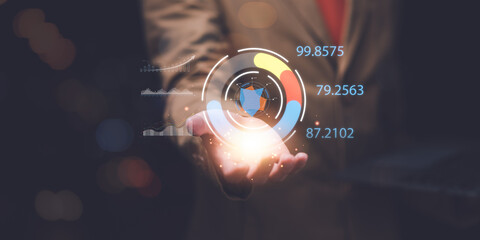 Aufkleber - Businessman reading graph report and business statistics charts ,Analysis and improvement of corporate strategy ,Statistics and Data Concepts ,update annual budget accounts , business growth graph