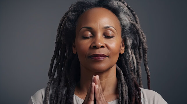 elderly black model with braids and closed eyes in deep prayer