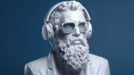 Wall Mural - Plaster bust of a bearded man with glasses and headset headphones with Generative AI Technology