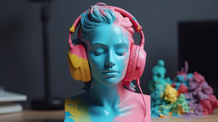 Wall Mural - Plaster bust of a girl in headphones with a colorful pride face with Generative AI Technology