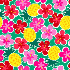 Wall Mural - Colorful pineapple and hibiscus flower seamless pattern for summer holidays background.