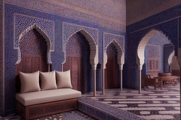 Moroccan riad decorated with an arabesque style geometric mosaic, generative ai