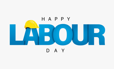 Happy Labour Day, 1st May lettering banner. Celebrating International Labor Day, blue text and yellow helment. Vector illustration