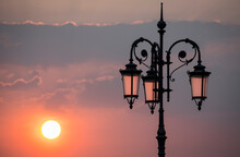 Old Street Lamp At Sunset At Lake Garda Italy