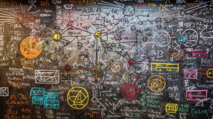 classroom whiteboard with mathematical formulas and equations written in colorful markers. Generative AI