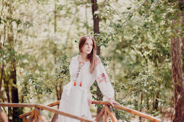 Ukrainian woman in national folk costume. Ukraine. Soft blurred focus, rustic style