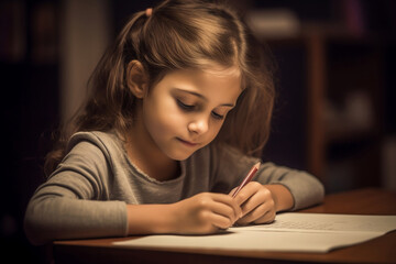 young girl wearing light pink sweater double braid hair working on homework in the classroom, blonde kindergarten girl hold upside down pencil to draw , generative ai