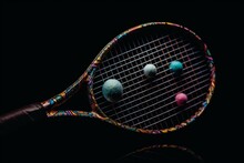 A Colorful Abstract Tennis Racket With A Dark Background And A White Ball In The Middle Of The Racket, With A Dark Background Of Multicolored Shapes And A Dark Background,. Generative AI