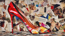 Collage Made Of Magazines And Colorful Paper Mood. High Heels Red Shoes