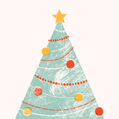 Stylish illustration with a festive decorated tree with toys, star and garlands. Christmas and New Year design, card, print