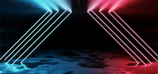 Aufkleber - Cyber neon laser Interior. Garage room hangar with sci fi glowing blue red tubes. Futuristic dark tunnel warehouse with metal panels