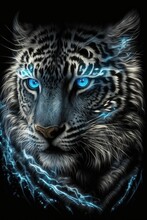 Magic Frost Tiger With Blue Eyes On Black Background. Generative AI