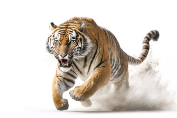 Wall Mural - Tiger running on camera isolated on white background.. Generative AI