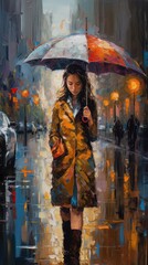 Wall Mural - Woman with an umbrella walking in the city in the rain. Generative AI