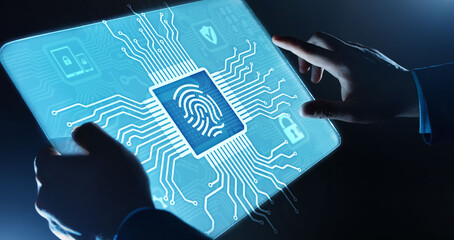 Wall Mural - Fingerprint unlock cyber security data protection concept on virtual screen.