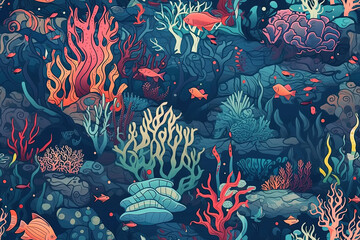 Canvas Print - seamless pattern ornament with fish and algae under water in sea. Generative AI illustration