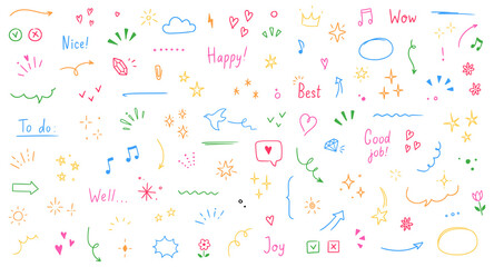 Wall Mural - Doodle cute glitter pen line color elements. Doodle heart, arrow, star, sparkle decoration symbol set icon. Simple sketch line style emphasis, attention, pattern elements. Vector illustration