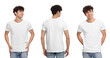 © New Africa - Collage with photos of man in stylish t-shirt on white background, back and front views. Mockup for design