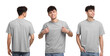 © New Africa - Collage with photos of man in grey t-shirt on white background, back and front views. Mockup for design
