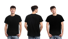 Collage With Photos Of Man In Black T-shirt On White Background, Back And Front Views. Mockup For Design
