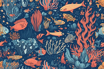 Wall Mural - seamless pattern ornament with tropical fish and algae underwater in ocean. Generative AI illustration