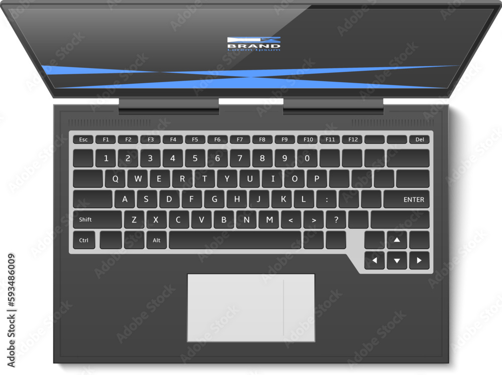 Office stationery. Realistic laptop top view. PC screen and keyboard ...
