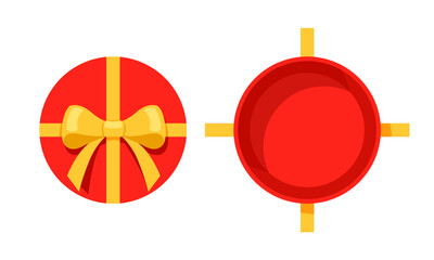 Wall Mural - Open a round or circle red mystery gift box with a yellow ribbon on isolated white background. Random secret loot box top view concept. Vector illustration cartoon flat design.