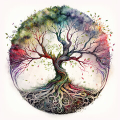 Watercolor style tree of life, mythological sacred tree, spiritual life concept. Generative AI