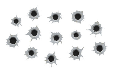 Set of bullet holes. Realisic metal single and double bullet hole, damage effect. Ragged hole in metal from bullets.