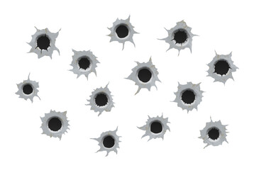 Realisic metal single and double bullet hole, damage effect. Ragged hole in metal from bullets on White transparent background.