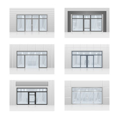 Shopping center mall entrance automatic doors with reflection and black frame. Glass entrance door. 